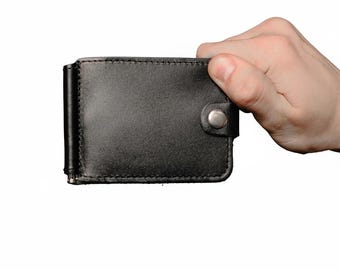 Personalized Black Leather Money Clip, Slim Bifold Front Pocket Wallet