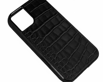 Funda para iPhone de piel italiana negra con relieve de cocodrilo, funda protectora a prueba de golpes.
