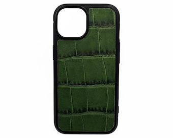 Funda para iPhone de piel de cocodrilo verde oscuro, funda de piel italiana para iPhone 16 15 14 13 Pro Max, regalo de empresa a prueba de golpes, funda hecha a mano