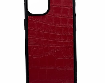 Funda para iPhone de piel de cocodrilo roja, funda de lujo de piel italiana para iPhone 16 15 14 13 Pro Max, resistente a los golpes, regalo personalizado, hecha a mano.