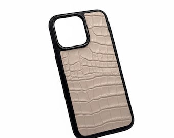 Funda para iPhone de piel de cocodrilo rosa claro, funda de piel italiana para iPhone 16 15 14 13 Pro Max, regalo de lujo a prueba de golpes para ella, hecha a mano.