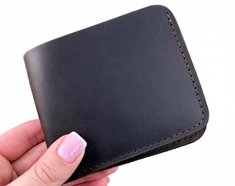 Cartera de cuero personalizada para hombre, cartera grabada a medida, plegable Crazy Horse marrón oscuro, regalo de tercer aniversario para marido, cartera delgada