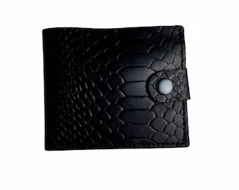 Cartera plegable personalizada de piel negra con relieve de pitón, monedero para hombre, estilo exótico.