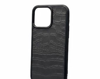 Funda para iPhone de piel de cocodrilo gris pizarra, funda de piel italiana para iPhone 16 15 14 13 Pro Max, regalo de lujo a prueba de golpes, funda hecha a mano