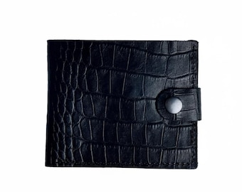 Cartera plegable personalizada de piel negra con relieve de cocodrilo, minimalista para hombre.