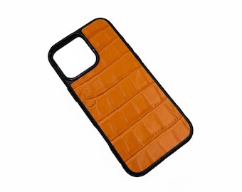 Funda para iPhone de piel de cocodrilo naranja, funda de piel italiana para iPhone 16 15 14 13 Pro Max, regalo de lujo a prueba de golpes, funda personalizada