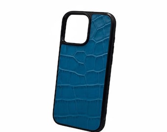 Funda para iPhone de piel de cocodrilo azul cielo, funda de piel italiana para iPhone 16 15 14 13 Pro Max, regalo de lujo a prueba de golpes, funda personalizada