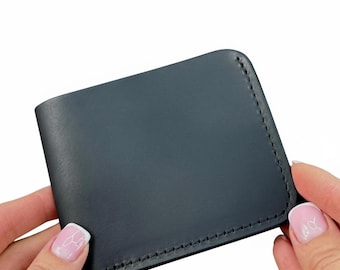 Cartera de cuero personalizada para hombre, plegable Crazy Horse negra, regalo de aniversario personalizado para esposo, tarjetero delgado, regalo para padrinos de boda