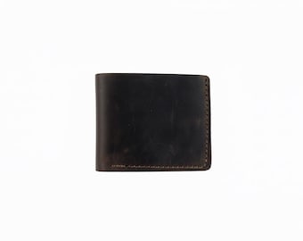 Cartera plegable personalizada de piel Crazy Horse marrón oscuro, tarjetero minimalista para hombre.