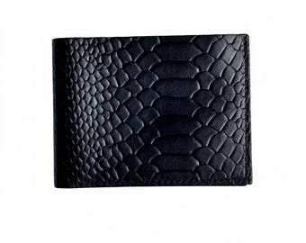 Cartera plegable personalizada de piel negra con relieve de pitón, tarjetero delgado.