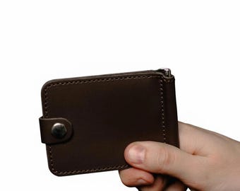 Cartera con clip para billetes de cuero marrón personalizada, delgada y plegable, ideal para el bolsillo delantero.