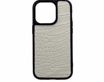 Funda para iPhone de piel de cocodrilo blanca, funda de lujo de piel italiana para iPhone 16 15 14 13 Pro Max, resistente a los golpes, regalo personalizado, hecha a mano.