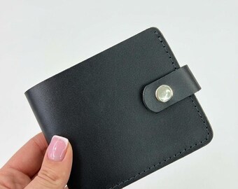 Cartera de cuero personalizada para hombre, cartera plegable negra con monedero, regalo de aniversario personalizado para marido, tarjetero minimalista y delgado.