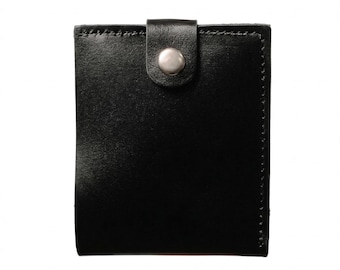 Cartera plegable de piel negra personalizada con monedero, piel auténtica delgada, regalo minimalista hecho a mano.