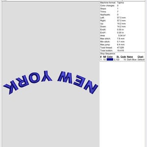 May include: A production worksheet for an embroidery design featuring the text "NEW YORK" in a curved, dark blue font. The design is 4.51 inches wide and 1.12 inches high, with 2,124 stitches.