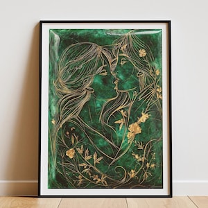 Kvinnor som kysser i guldetsning, intim scen i jade, art nouveau, subtil lesbisk konst, dold queer forntida artefakt, wlw-affisch, safisk väggdekoration