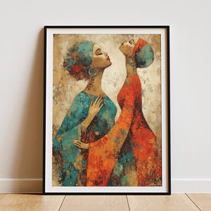 Two Black Women in Loving Embrace, WLW Art Print, Subtle Sapphic Wall Art, Lesbian Couple Artwork, Bold Impasto Painting for Bedroom Decor