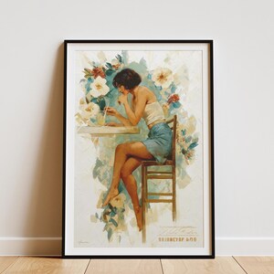 Woman Daydreaming at Café Table,Lesbian Poster of Feminine Imagination,Impressionist Floral Painting,Queer Woman Print,Sapphic Wall Art