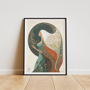May include: A framed art print featuring a woman with long white hair and a teal dress. The woman is holding a sprig of leaves. Her hair flows into a design of leaves and flowers in shades of green, orange, and brown. The background is a dark teal circle.