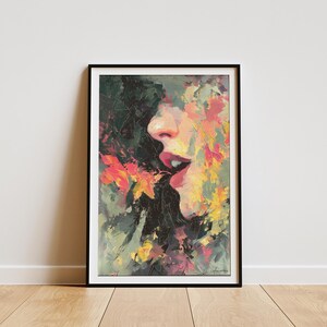 Lámina de retrato expresivo: Mujer en flor / Arte para la pared del dormitorio / Lámina de pintura al óleo llamativa / Arte de pared impactante