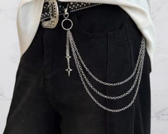 Pantalones Y2K de triple cadena con estrellas, accesorio cibernético, ropa urbana, grunge, gótico, mezclilla, joyería, estética, estilo punk rock, E-Girl, E-Boy