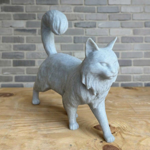Concrete fluffy cat statue Walking cat sculpture Maine coon style Garden cat decor Outdoor cat figurine Stone kitty statue Yard art ornament