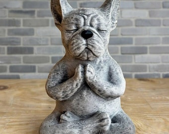 French bulldog statue Concrete meditating dog sculpture Zen garden frenchie figurine Sitting yoga dog decor Stone pet memorial Patio decor