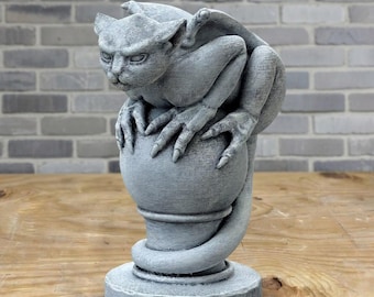 Concrete gargoyle cat statue Gothic cat sculpture Garden gargoyle decor Outdoor guardian figurine Halloween yard art Stone pedestal statue