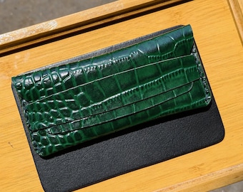 Green Croc Leather Card Holder Slim Wallet Handmade Minimal Front Pocket Cash Sleeve Luxury