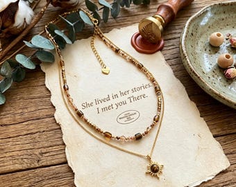 Collar de sol con ojo de tigre en capas, gargantilla delicada de oro con cuentas estilo boho, collar de hebras de piedra natural, joyería vintage celestial, regalo para ella.