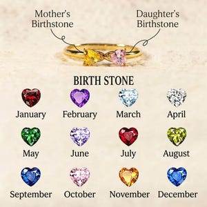 Può includere: Un anello d'oro con due pietre preziose a forma di cuore, etichettate come Mother's Birthstone e Daughter's Birthstone. Sotto, una tabella intitolata BIRTH STONE mostra dodici gemme a forma di cuore per i mesi da gennaio a dicembre.