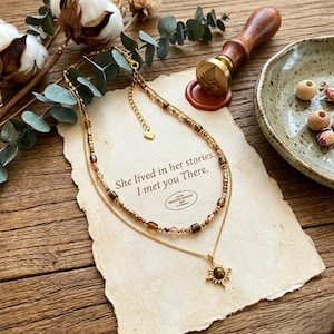 Tiger's Eye Sun Layered Necklace, Boho Beaded Gold Dainty Choker,Natural Stone Double Strand Necklace,Celestial Vintage Jewelry,Gift for Her