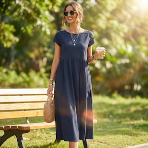 Casual Cotton Linen Midi Dress | Short Sleeve Loose Fit Boho Summer Dress with Pockets | Lightweight Everyday A-Line High Waist Sundress
