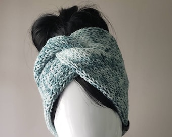 Knitted Twisted Headband (green and gray shades)