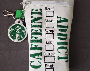 Caffeine addict coffee cup fully lined zipper pouch (green mermaid version)