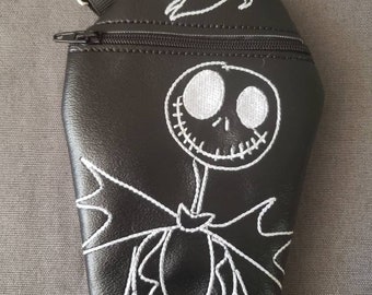 Skeleton and ghost dog coffin shaped fully lined wristlet (black with white glow in the dark embroidery)