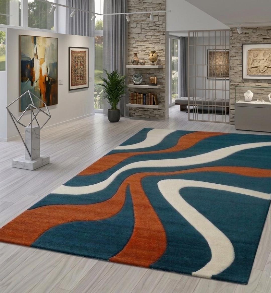 Teal Orange Rug Teal Orange Wavy Abstract Area Rug, Modern Living Room Carpet - Etsy