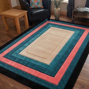 Modern Geometric Area Rug, Teal Coral Border Rug, Contemporary Living Room Carpet, Minimalist Rectangular Rug, Color Block Floor Decor,