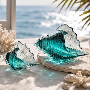Hand Blown Glass Seashell Sculpture Set, Coastal Beach Decor, Art Glass Conch Shell Figurines, Nautical Home Decor, Ocean Gift
