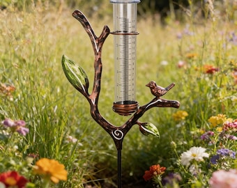 Medidor de lluvia de metal, parterre de flores, decoración de hojas de hierro, adorno de pájaro, regalo de jardinería