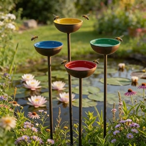 Può includere: Quattro abbeveratoi decorativi per api con ciotole colorate in giallo, blu, rosso e verde. Gli abbeveratoi sono su pali metallici alti e sottili, posti vicino a uno stagno con ninfee e fiori. Le api bevono acqua.