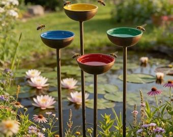 Bee Water Station Post Garden Stake Bee Bath for Garden Metal Bird Feeder
