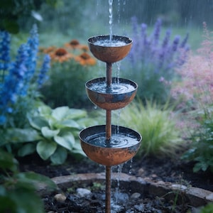 May include: A three-tiered outdoor water fountain with copper-coloured bowls. Water cascades from the top bowl to the bottom. The fountain is set in a garden with various flowers and greenery. A decorative garden feature.