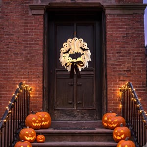 May include: A circular Halloween wreath featuring multiple white ghost figures with black eyes and small black bats, accented by a large black ribbon bow at the bottom. The wreath is illuminated and hangs on a dark wooden door with brick walls.