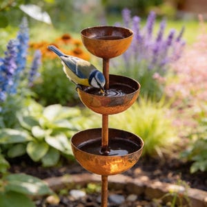 May include: A three-tiered, rustic metal bird bath with water, with a small blue and yellow bird drinking from the middle tier. The bird bath is in a garden with colourful flowers and greenery.