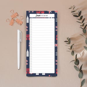 Personalisierte britische Landschaft To Do-Listenblock, benutzerdefinierter Name Notizblock, tägliches Planergeschenk
