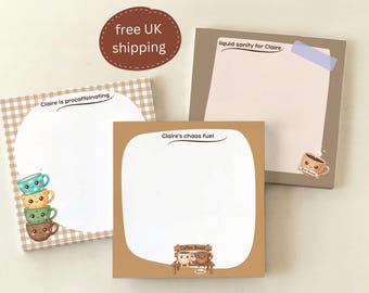 Bloc de notas Kawaii personalizado con diseño de café, bloc de notas con nombre personalizado, paquete de papelería Kawaii, regalo para ella, regalo para amantes del café