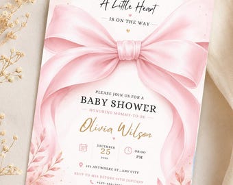 Pink Bow Baby Shower Invitation Template 5x7 | Baby Girl Shower Canva Invite Coquette Bow Baby Shower | Editable Text Only Instant Download
