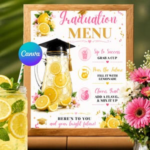 May include: A framed graduation menu with a lemonade pitcher and a mortarboard. The sign displays the words "Graduation MENU" and "Here's to you and your bright future!" with lemon and flower illustrations. The image also includes a glass of lemonade.