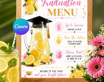Letrero editable para barra de limonada de graduación, letrero para estación de bebidas de fiesta de graduación (imprimible o enviado), letrero de mesa de la Clase de 2026, decoración para graduación de último año
